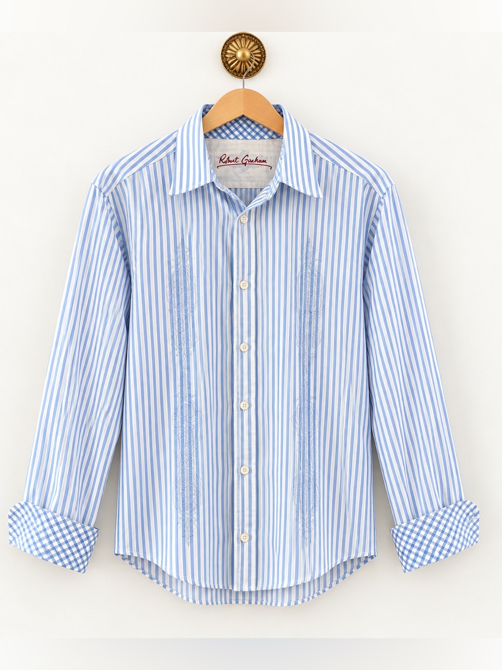 Robert Graham Men’s XL Blue White Striped Embroidered Button Down Shirt